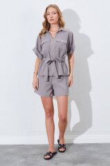 Duble Kol Çift Kuşak Fermuarlı Gabardin Bluz