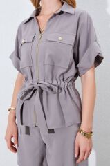 Duble Kol Çift Kuşak Fermuarlı Gabardin Bluz