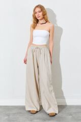 Beli Lastikli Paça Geniş Dikiş Detaylı Ekru Pantolon