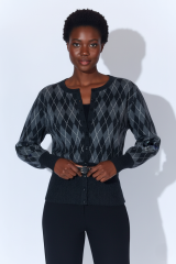 Baklava Desen Önü Düğmeli Kemerli Detaylı Kazak