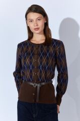 Baklava Desen Önü Düğmeli Kemerli Detaylı Kazak