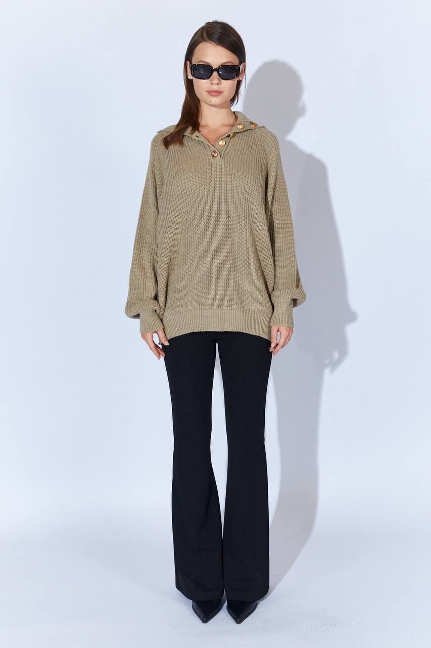 Vizon Şal Yaka Düğme Detaylı Triko Kazak