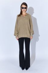 Vizon Şal Yaka Düğme Detaylı Triko Kazak