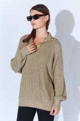 Vizon Şal Yaka Düğme Detaylı Triko Kazak