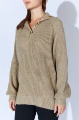 Vizon Şal Yaka Düğme Detaylı Triko Kazak