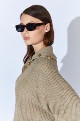 Vizon Şal Yaka Düğme Detaylı Triko Kazak