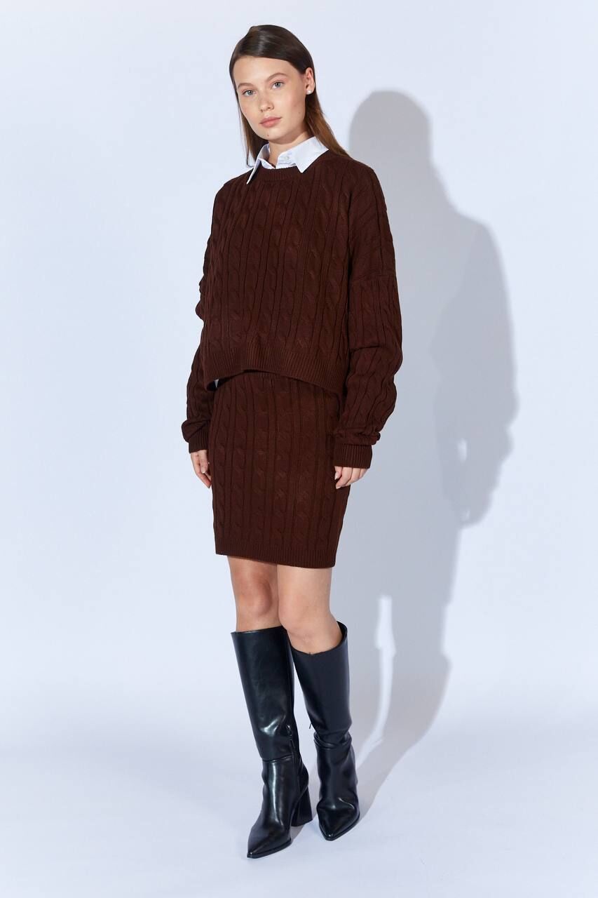 Saç Örgü Detaylı Etek Kazak Takım