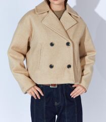 Yakalı Dört Düğmeli Diagonel Kısa Kaşe Ceket