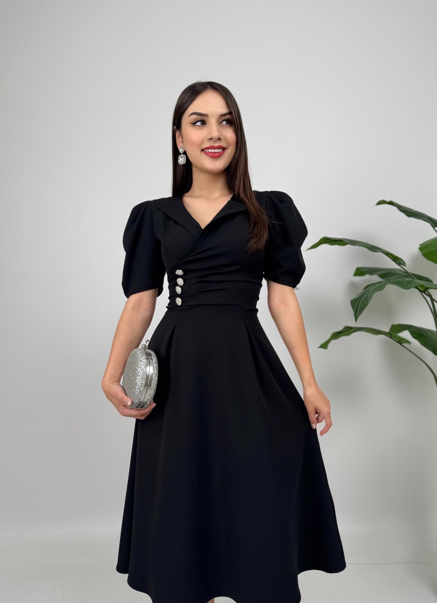 Ceket Yaka Düğme Detaylı Atlas Elbise