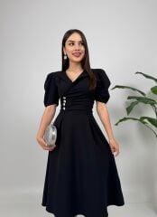 Ceket Yaka Düğme Detaylı Atlas Elbise