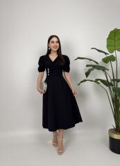 Ceket Yaka Düğme Detaylı Atlas Elbise