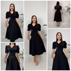 Ceket Yaka Düğme Detaylı Atlas Elbise