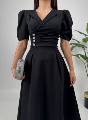 Ceket Yaka Düğme Detaylı Atlas Elbise