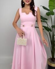 Pembe Kemer Düğme Detaylı Elbise