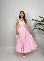 Pembe Kemer Düğme Detaylı Elbise