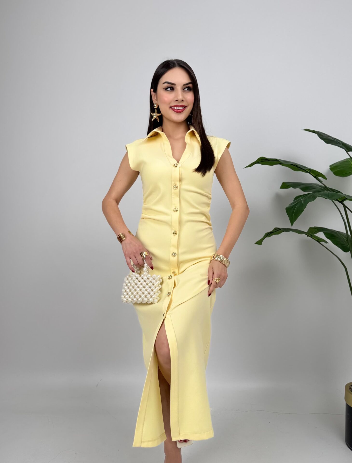 Sarı Önü Düğmeli Gömlek Yaka Elbise