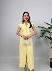 Sarı Önü Düğmeli Gömlek Yaka Elbise