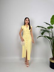 Sarı Önü Düğmeli Gömlek Yaka Elbise