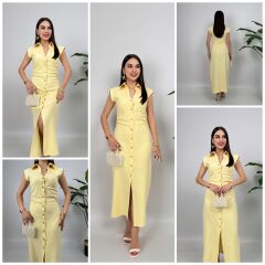 Sarı Önü Düğmeli Gömlek Yaka Elbise