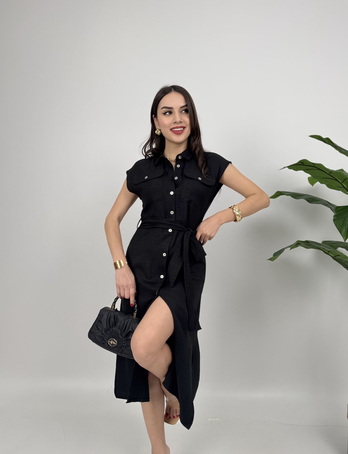 Siyah Kolsuz Midi Gömlek Elbise Cep Detaylı