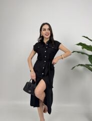 Siyah Kolsuz Midi Gömlek Elbise Cep Detaylı