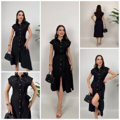 Siyah Kolsuz Midi Gömlek Elbise Cep Detaylı