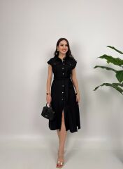 Siyah Kolsuz Midi Gömlek Elbise Cep Detaylı