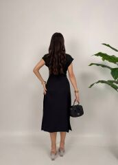 Siyah Kolsuz Midi Gömlek Elbise Cep Detaylı