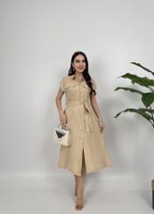 Vizon Kolsuz Midi Gömlek Elbise Cep Detaylı