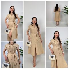 Vizon Kolsuz Midi Gömlek Elbise Cep Detaylı