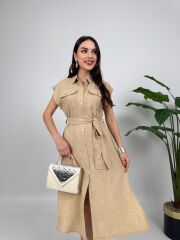 Vizon Kolsuz Midi Gömlek Elbise Cep Detaylı