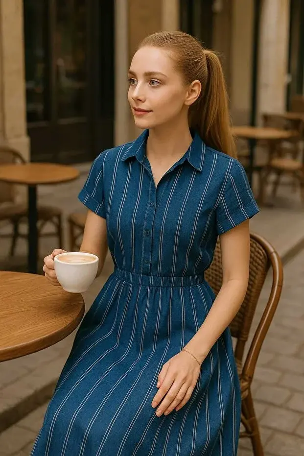 Gömlek Yaka Ekru Çizgili Elbise