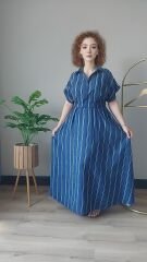 Gömlek Yaka Ekru Çizgili Elbise