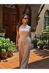 Straplez Boncuk Detaylı Bej Alt Üst Takım