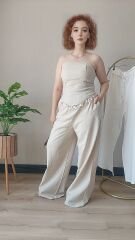 Straplez Boncuk Detaylı Bej Alt Üst Takım