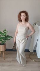 Straplez Boncuk Detaylı Bej Alt Üst Takım