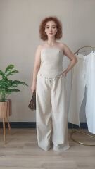 Straplez Boncuk Detaylı Bej Alt Üst Takım