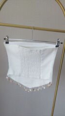 Straplez Boncuk Detaylı Beyaz Alt Üst Takım