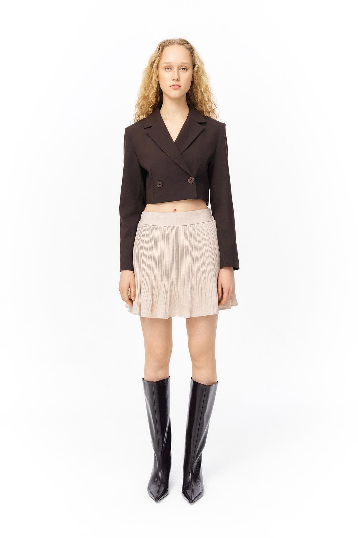 Pileli Mini Etek Krem