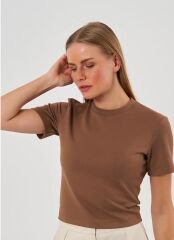 Kahve Kısa Kollu Crop T-Shirt
