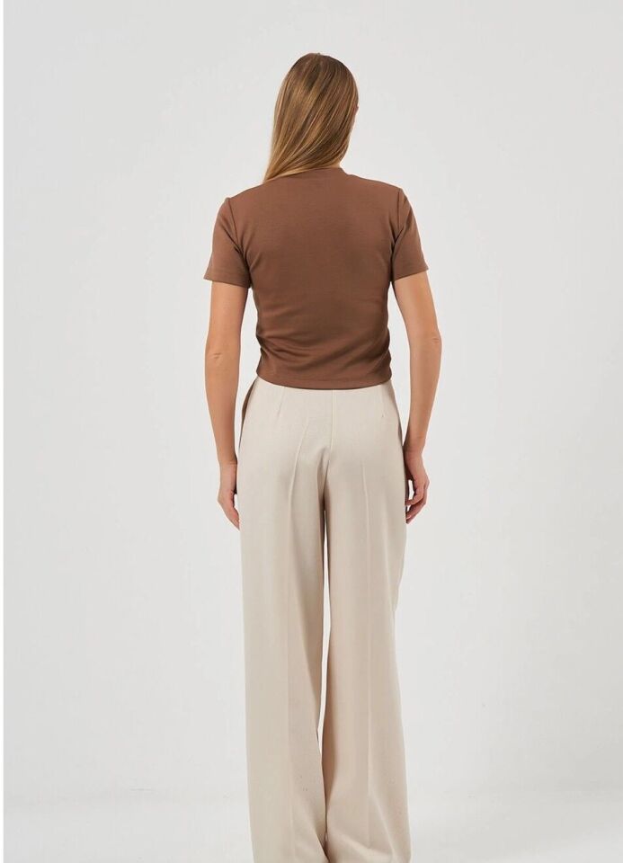 Kahve Kısa Kollu Crop T-Shirt