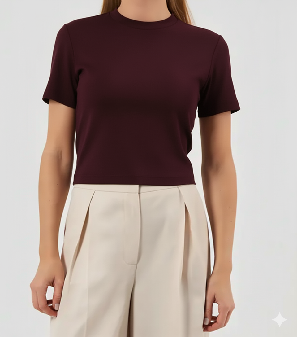 Mürdüm Kısa Kollu Crop T-Shirt 40 - Mürdüm