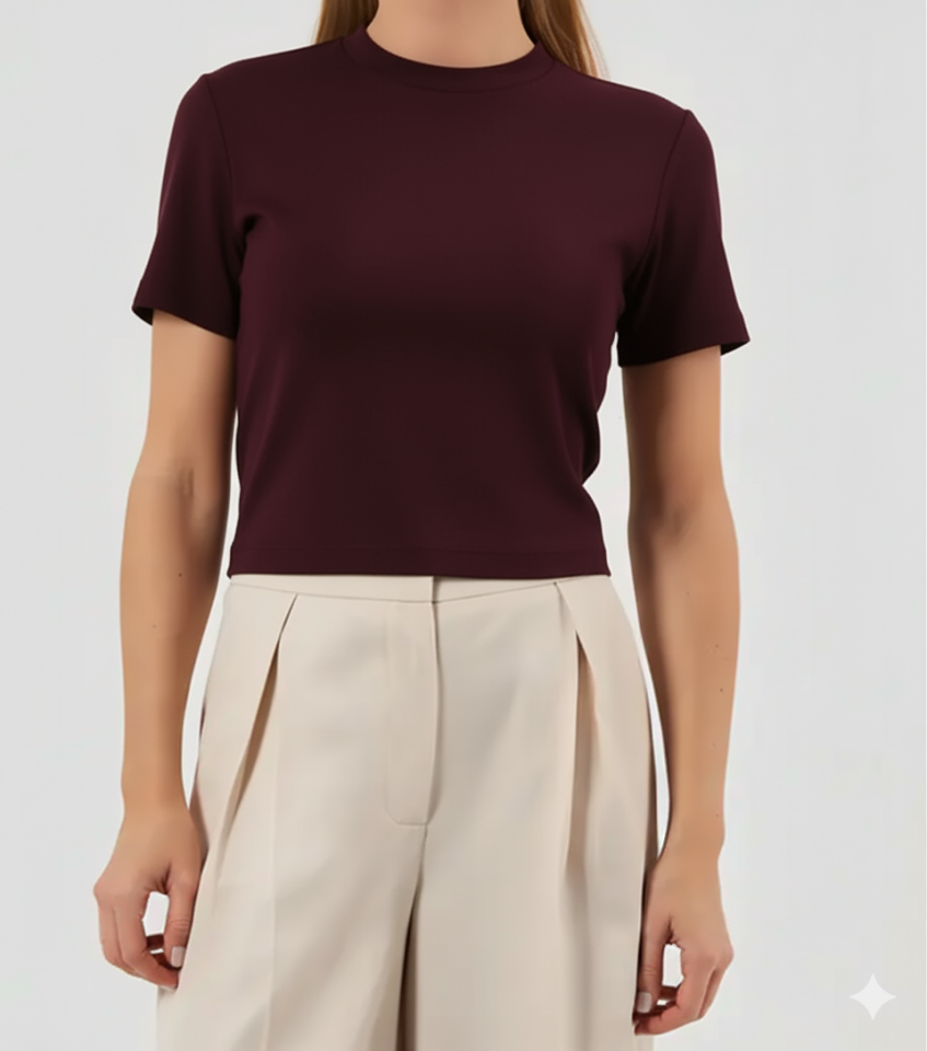 Mürdüm Kısa Kollu Crop T-Shirt 42 - Mürdüm