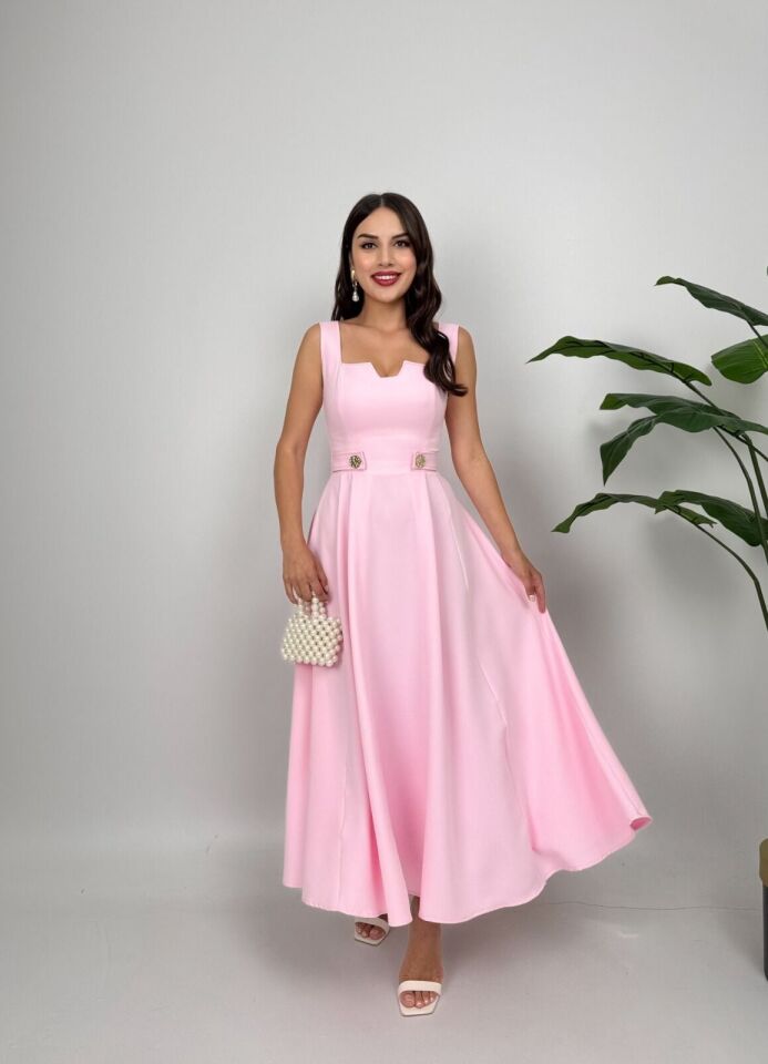Pembe Kemer Düğme Detaylı Elbise Small