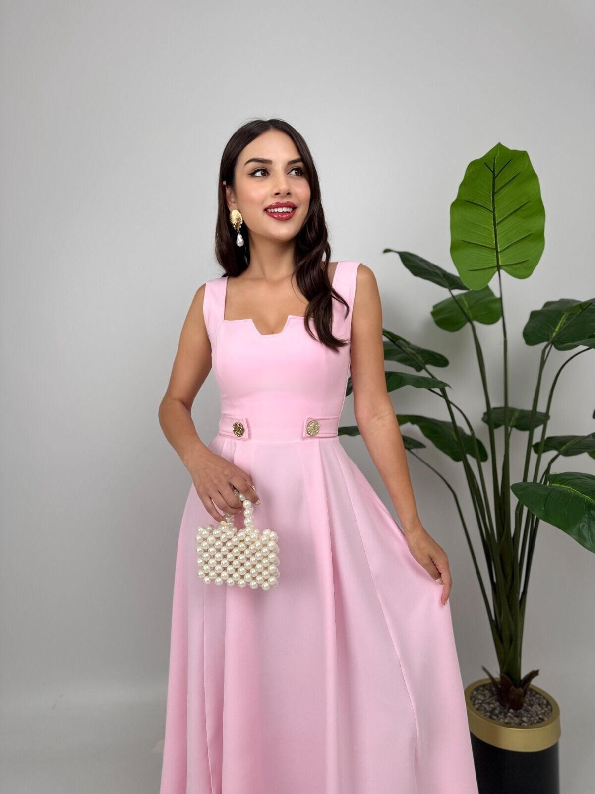 Pembe Kemer Düğme Detaylı Elbise Medium