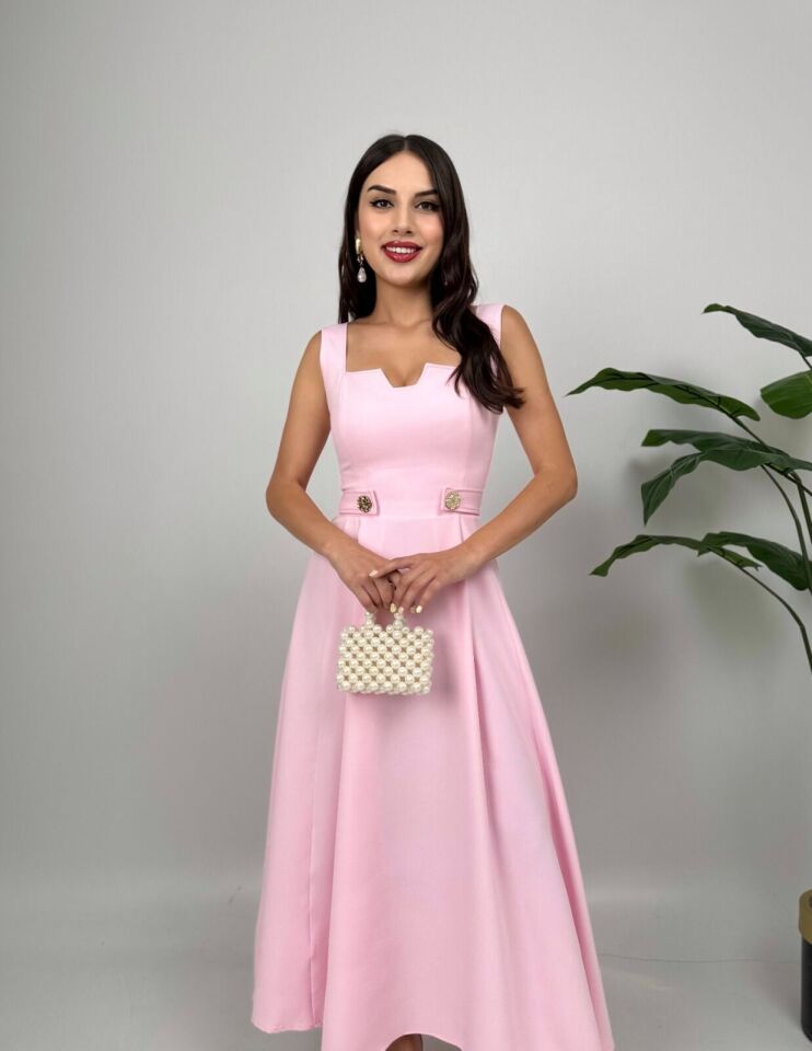 Pembe Kemer Düğme Detaylı Elbise Medium