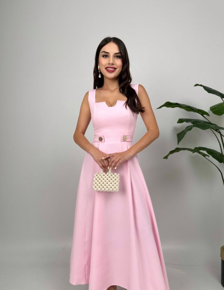 Pembe Kemer Düğme Detaylı Elbise X Large