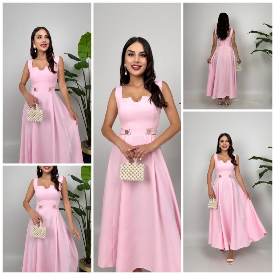 Pembe Kemer Düğme Detaylı Elbise X Large
