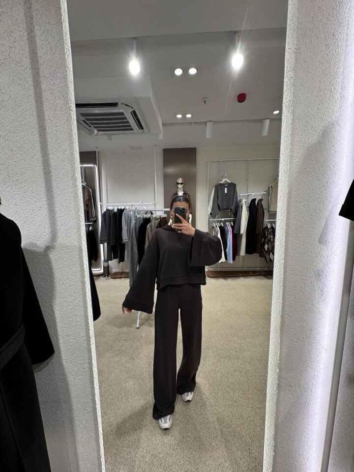 Kapüşonlu Crop Top and Pants Takım Kahve Small