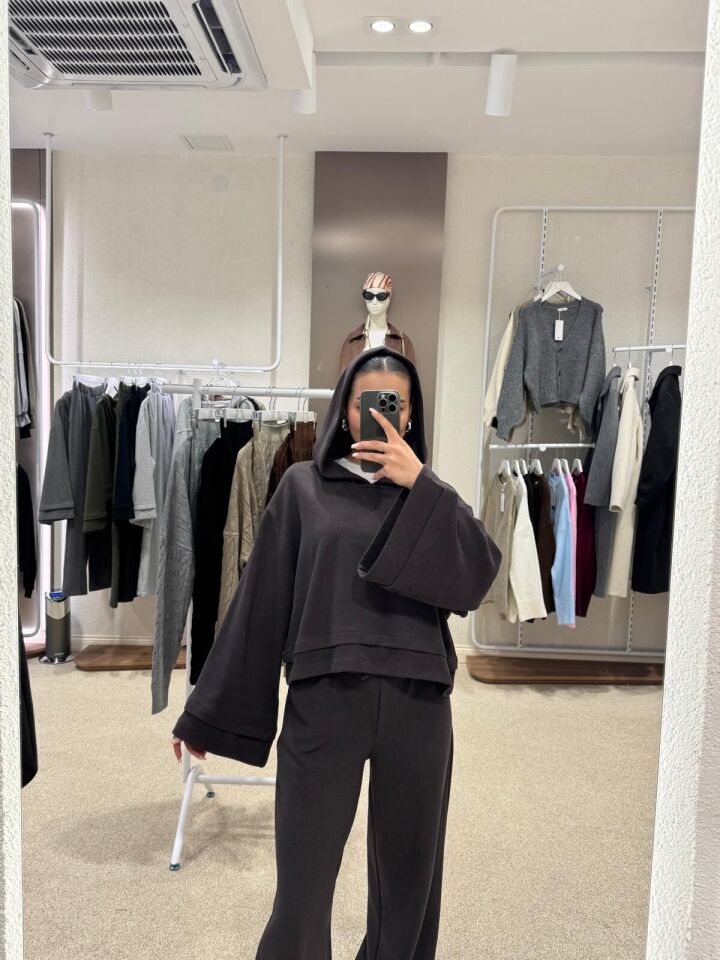 Kapüşonlu Crop Top and Pants Takım Kahve Large